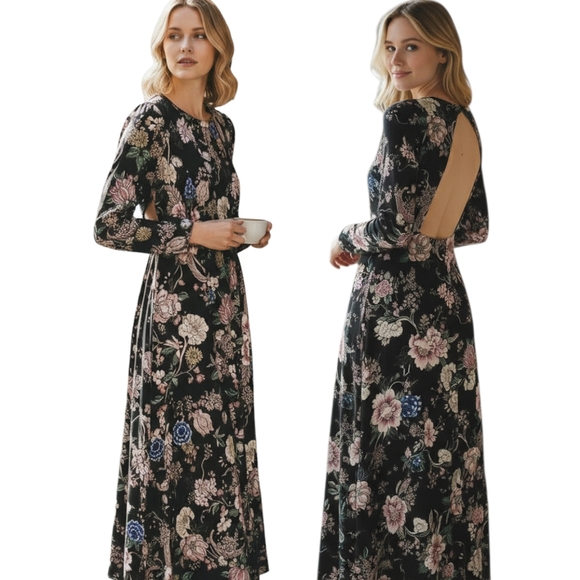 AFRM for Nordstrom Dresses & Skirts - AFRM Nordstrom Black Satin Floral Backless Midi Dress Size Large EUC